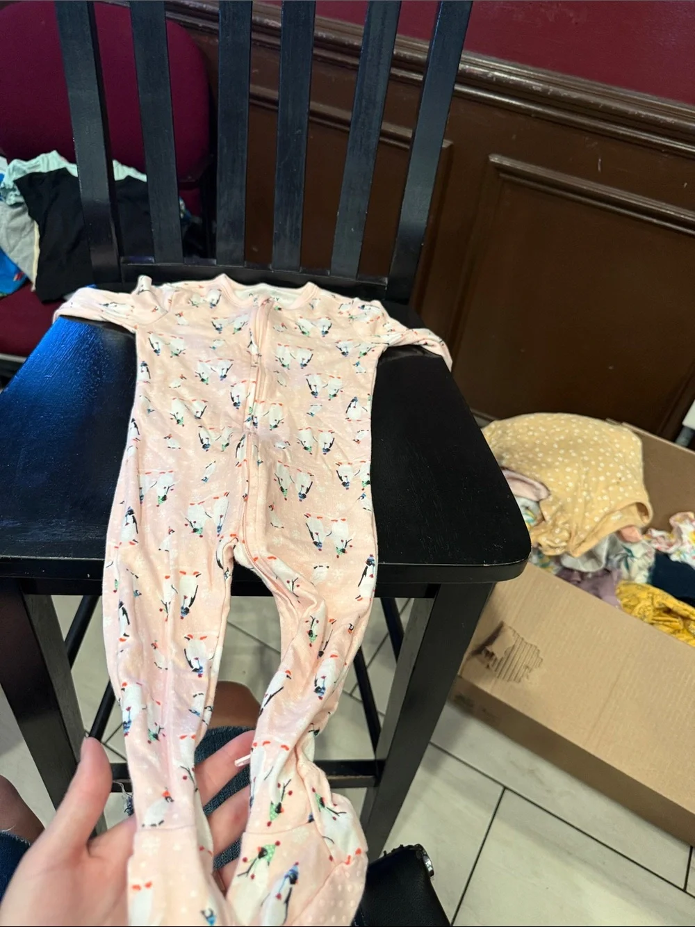 Pink Baby Footed Zipper Pajamas with Penguin Print